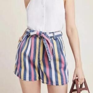 Anthropologie 3x1 Dustin High Rise Pleated Belted Striped Denim Shorts